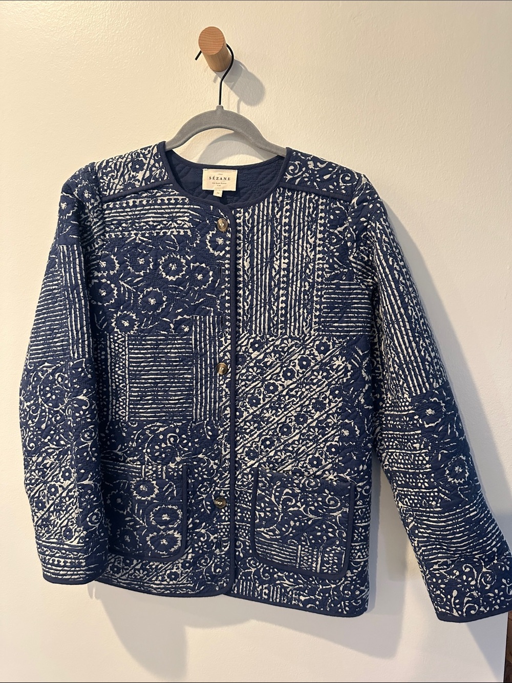 Sezane Navy & White Quilted Patchwork Cardigan